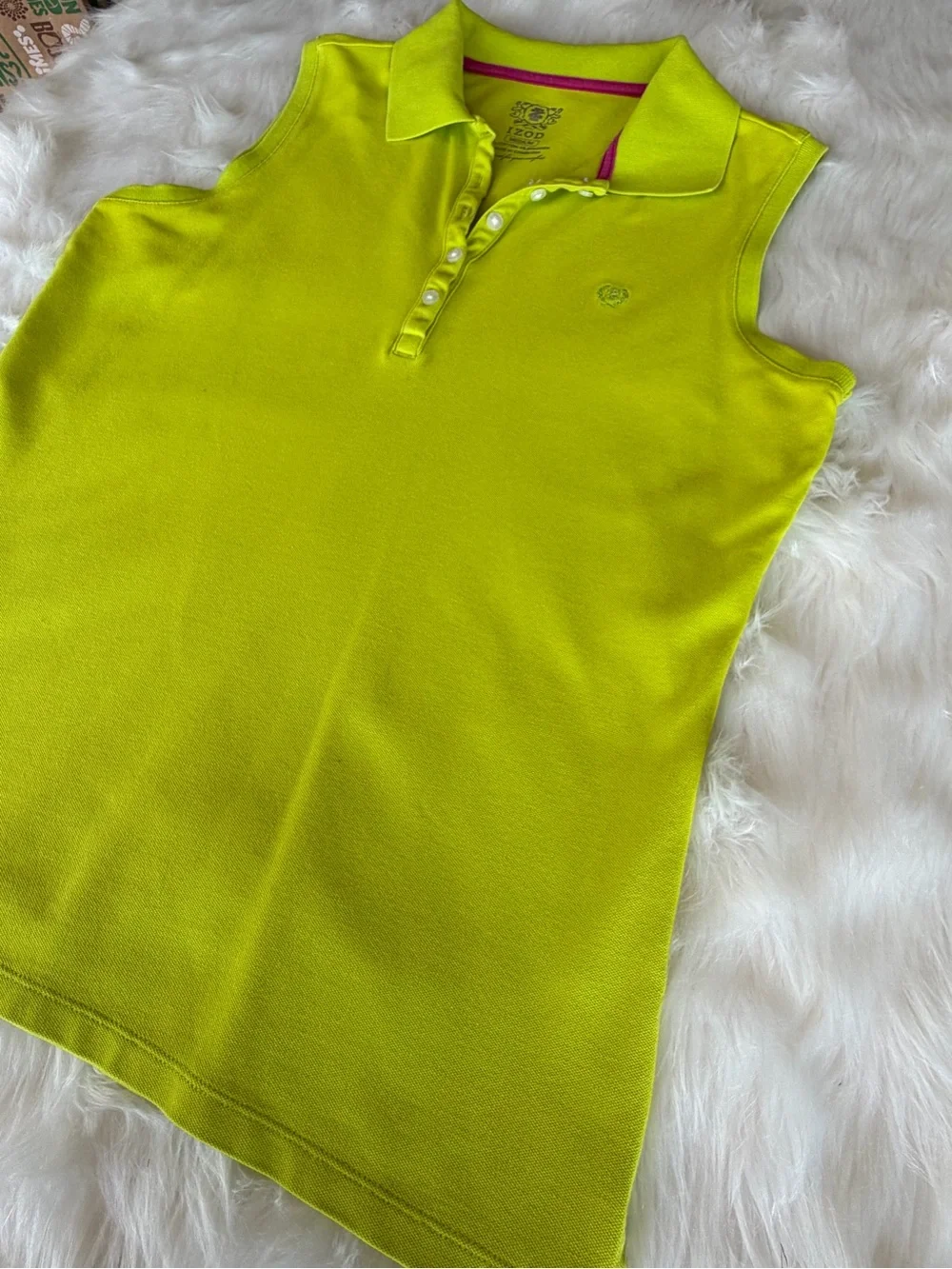 Izod Sleeveless Polo Sz M Lime Green Pink Trim Cotton Stretch Golf